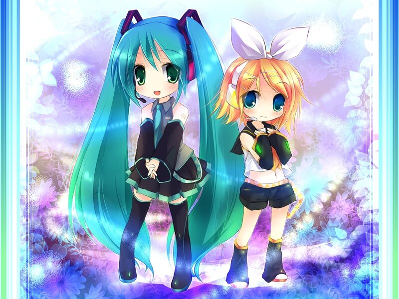 Miku and Rin in a floral scene