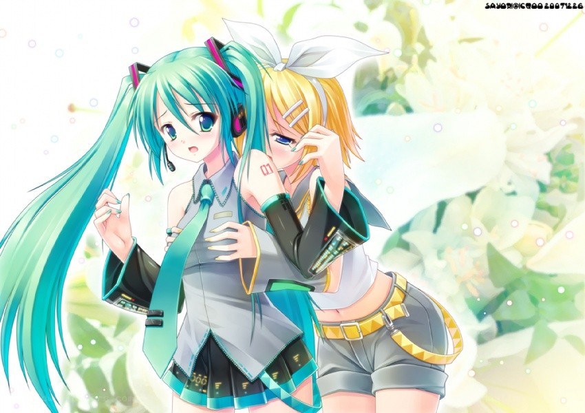 Miku and Rin in a garden