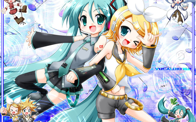 Miku and Rin in a music scene