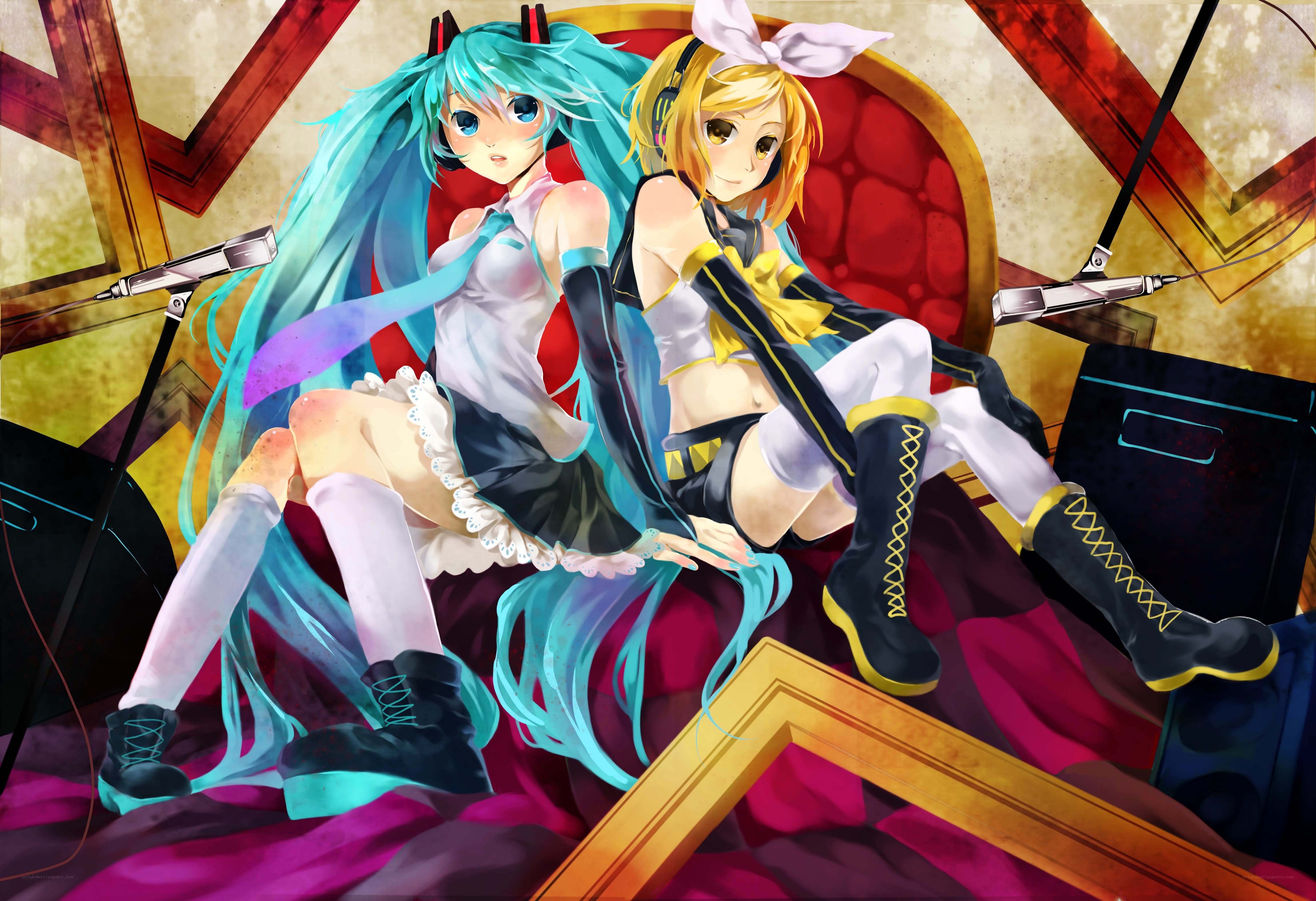 Miku and Rin in a recording studio