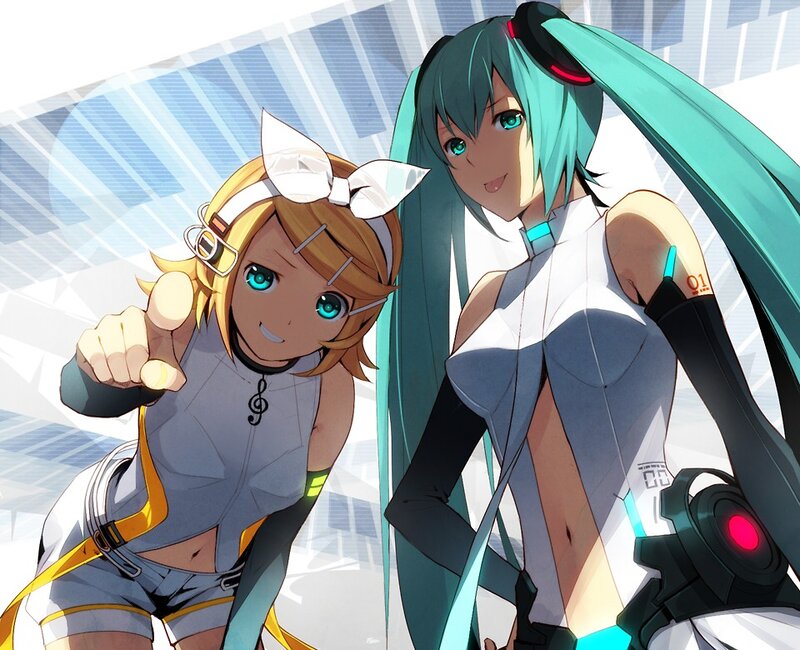Miku and Rin in futuristic outfits