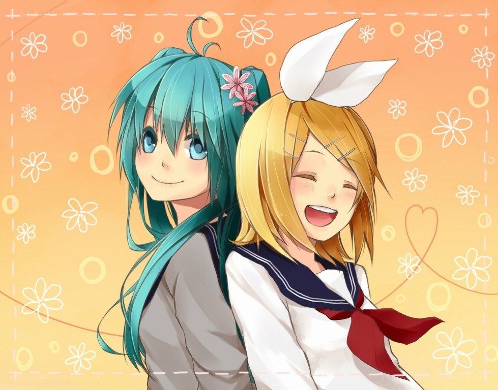 Miku and Rin in school uniforms