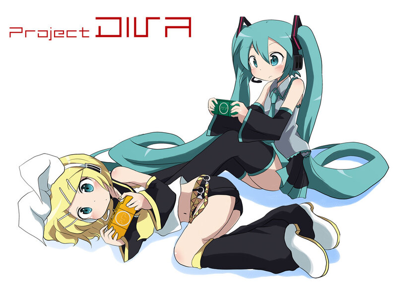 Miku and Rin playing handheld games