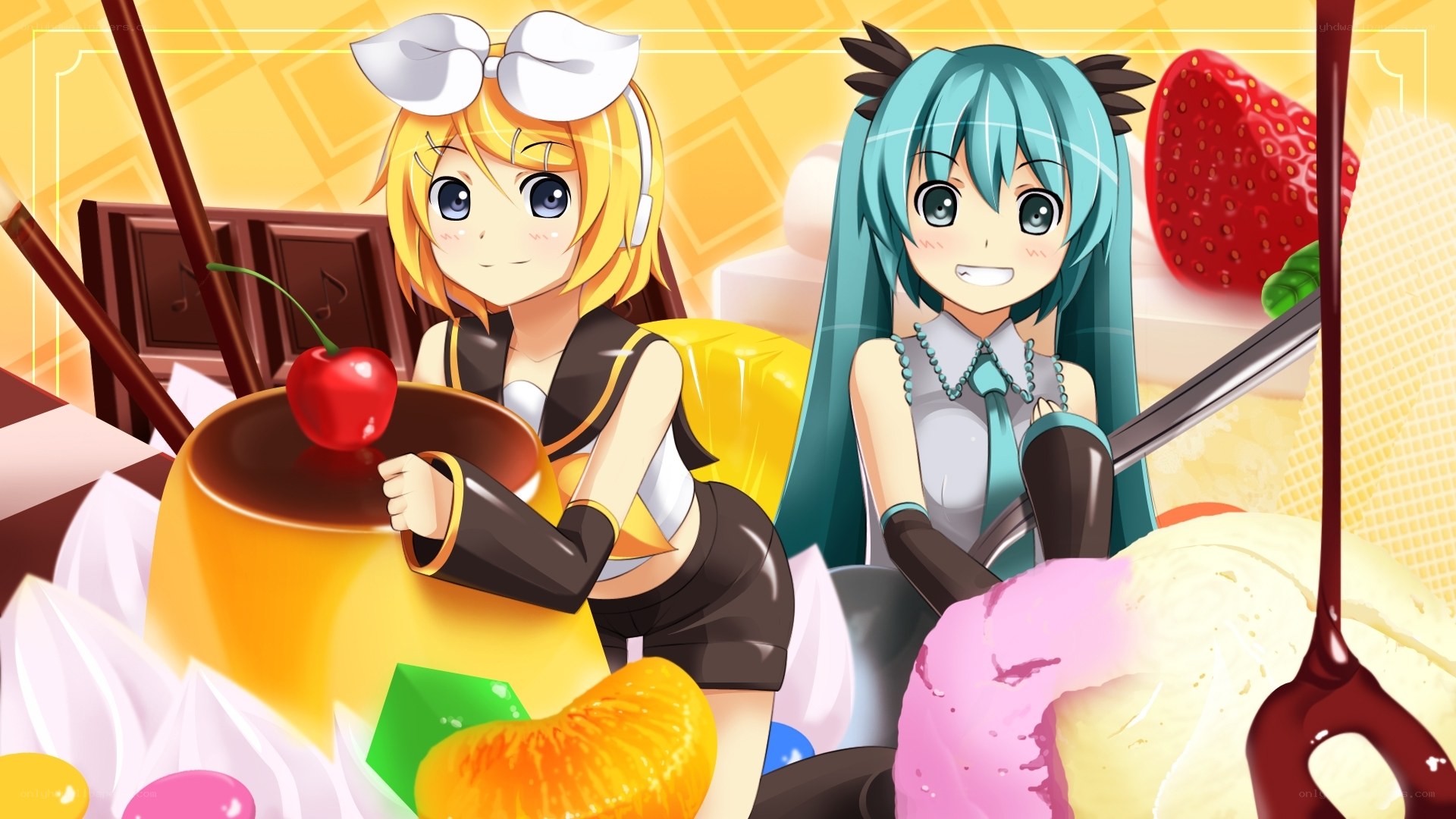 Miku and Rin with desserts