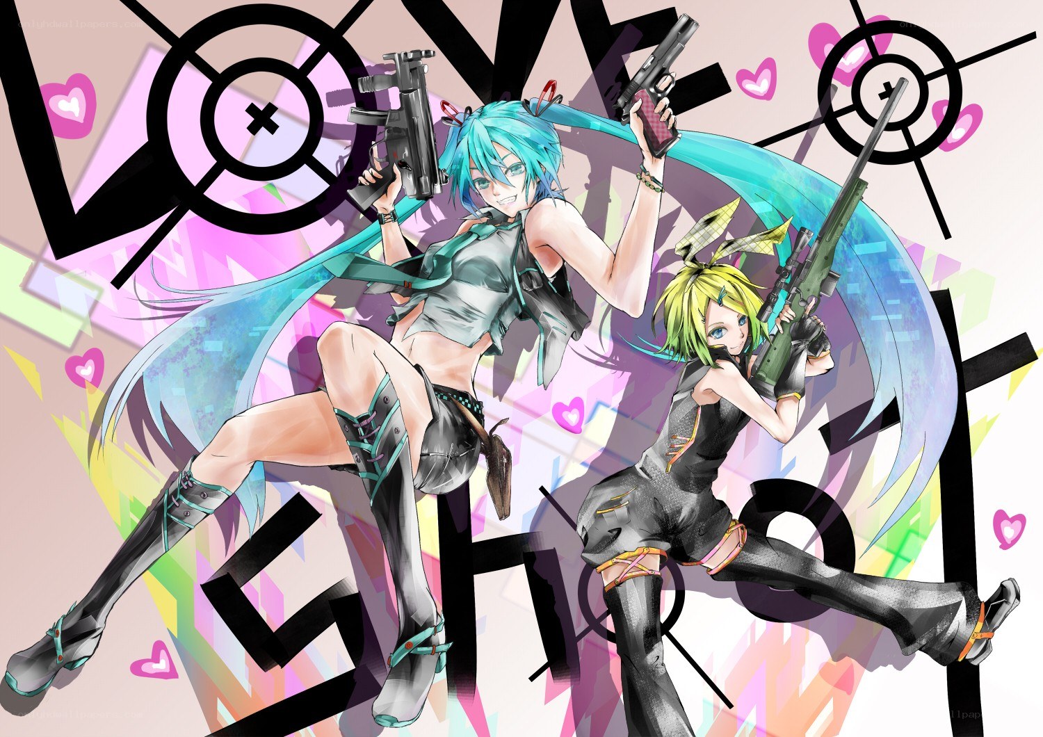 Miku and Rin with guns