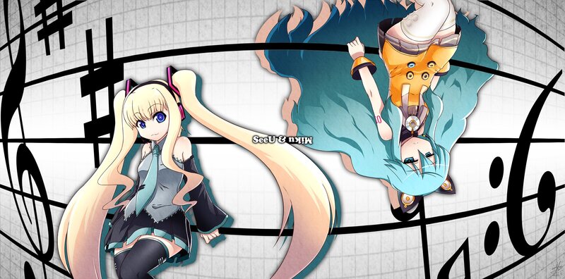 Miku and SeeU on a music staff