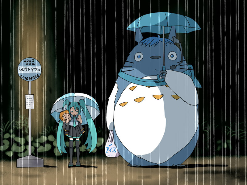 Miku and Totoro in Rain