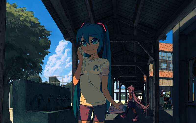 Miku at a train station