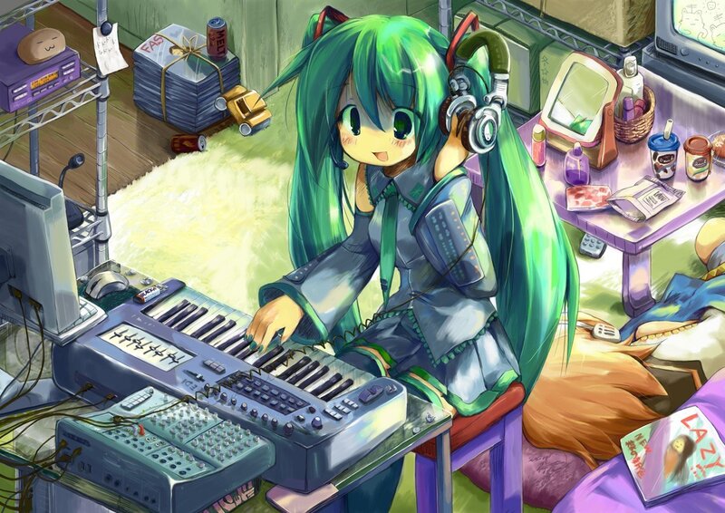 Miku at keyboard in cluttered room