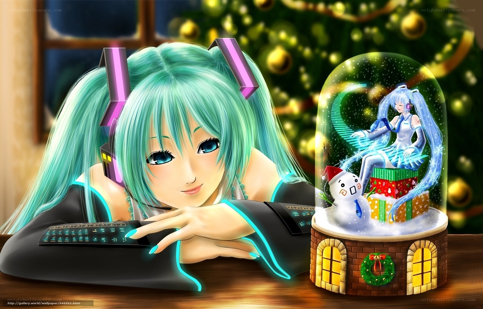 Miku at keyboard with snow globe