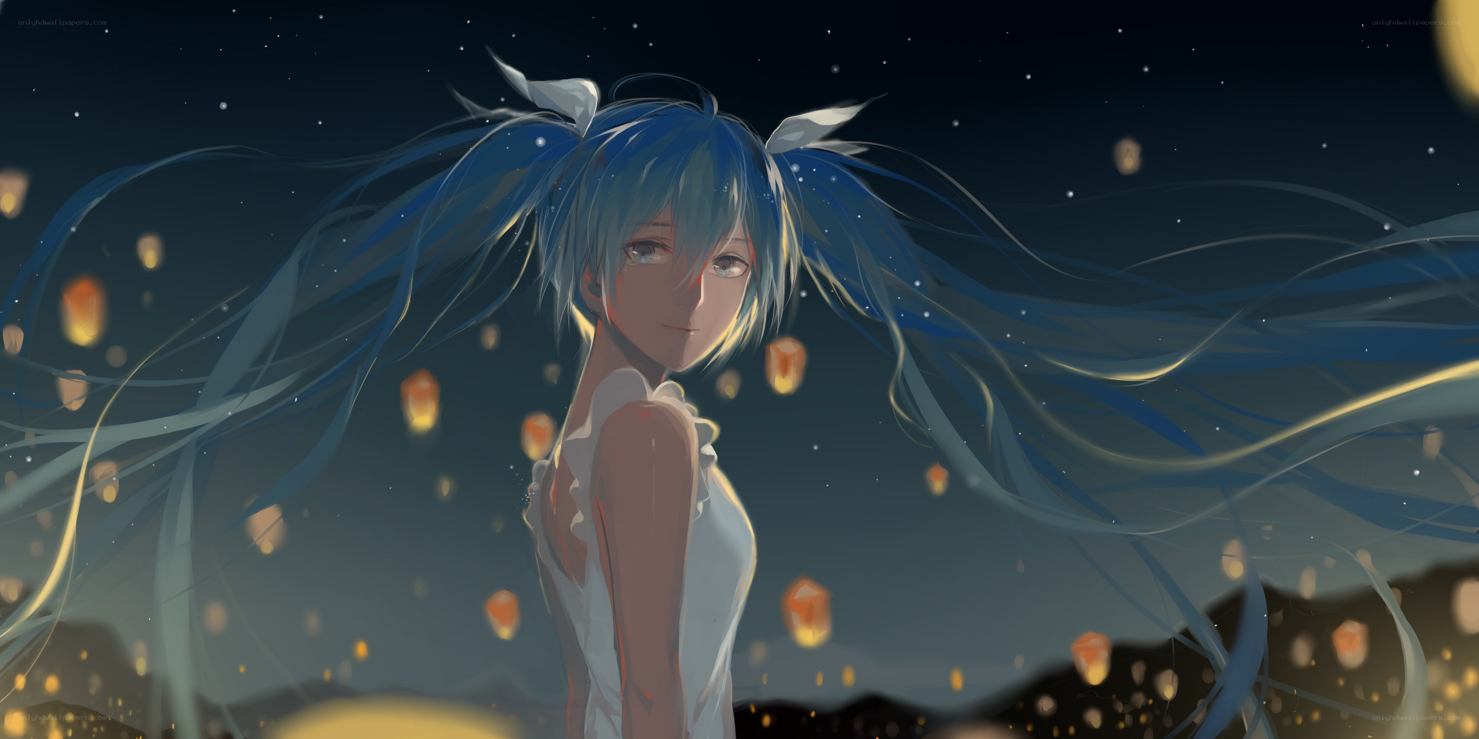 Miku at night with lanterns