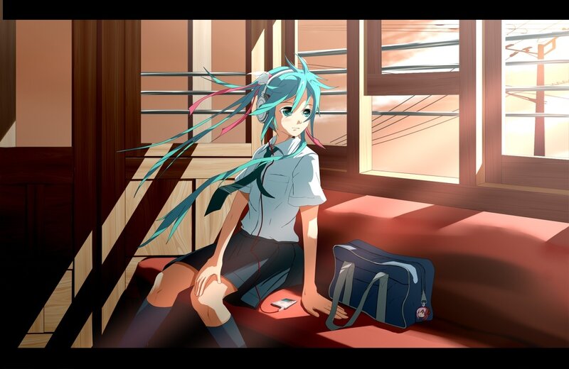 Miku at sunset on train