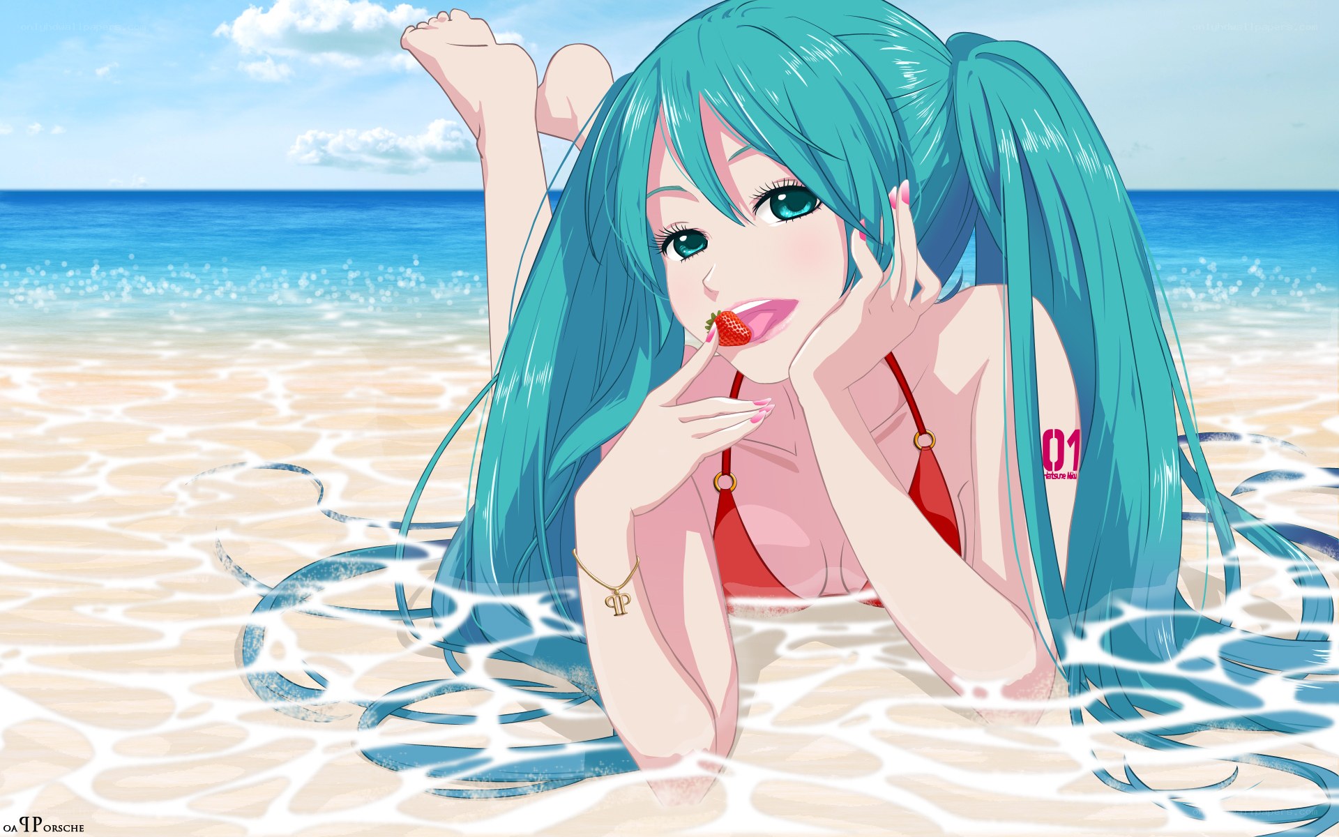 Miku at the beach with strawberry