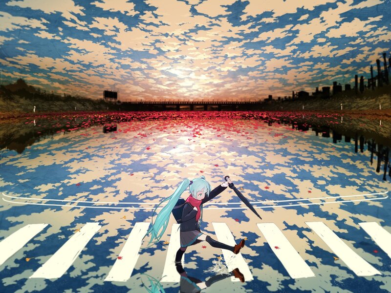 Miku at the flooded crosswalk