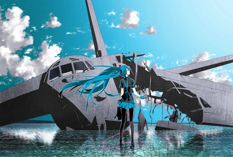 Miku by a crashed plane