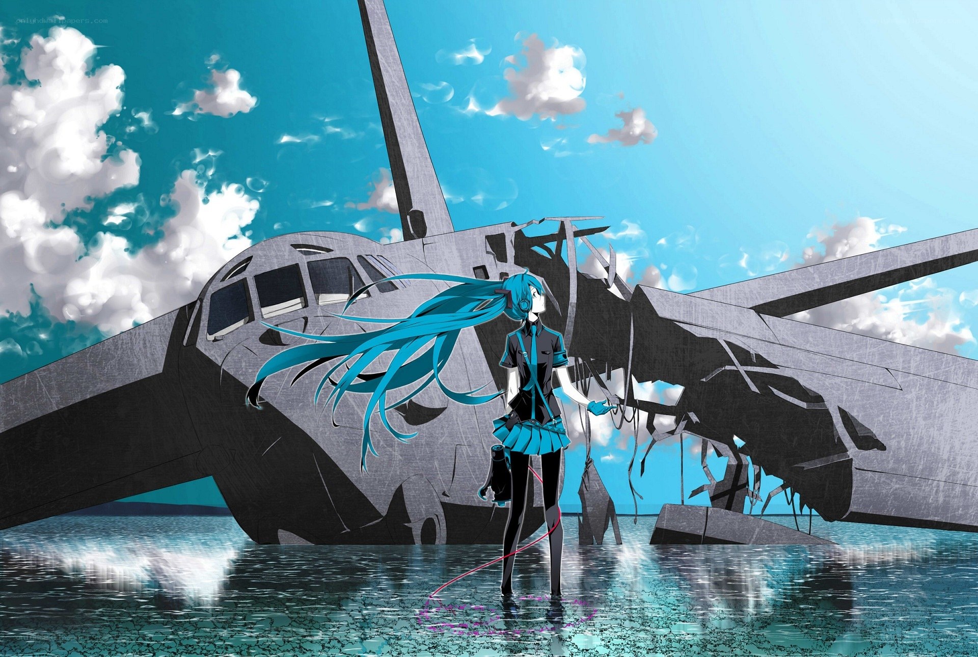 Miku by a crashed plane