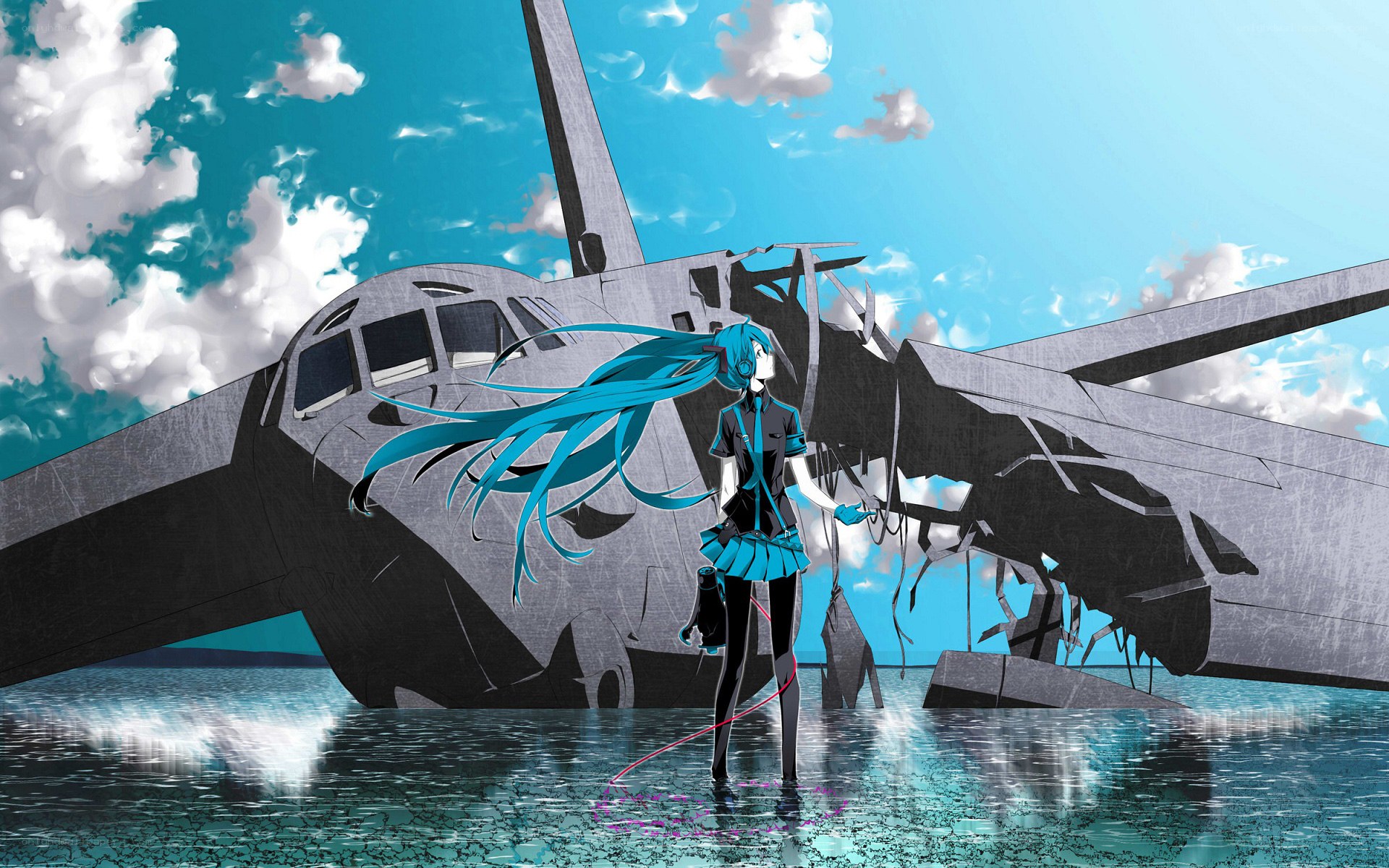Miku by a crashed plane