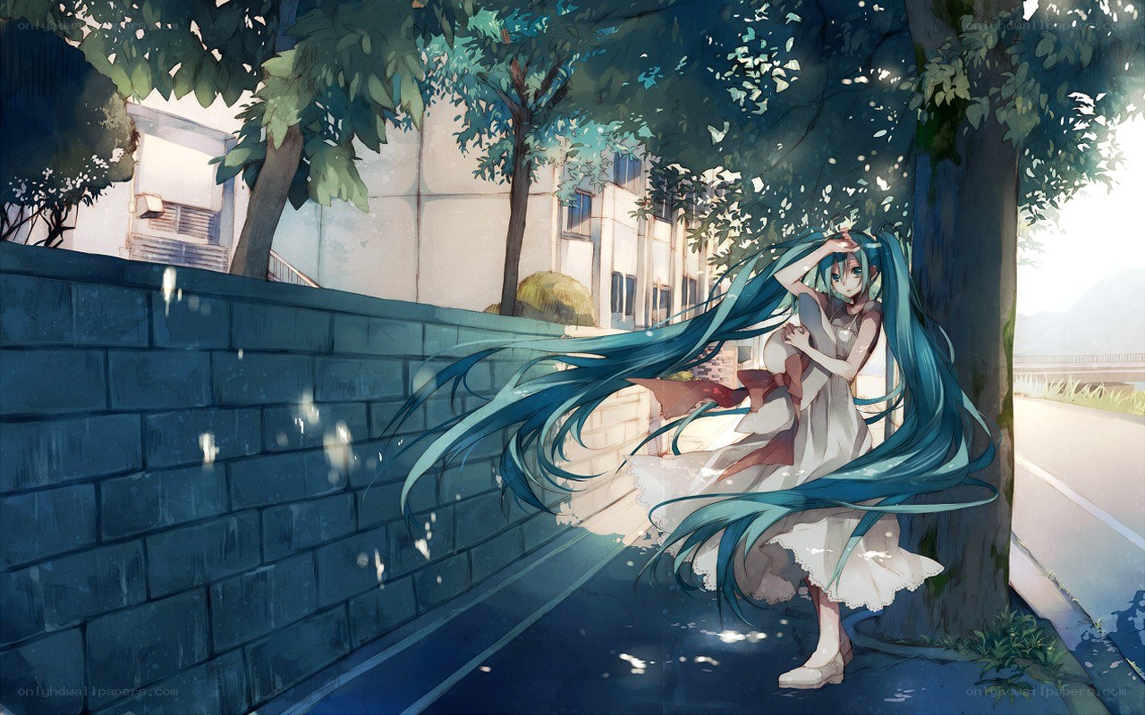 Miku by a tree in the rain