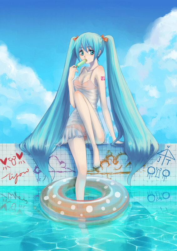 Miku by pool with popsicle
