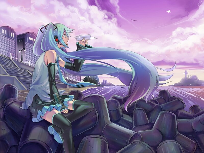 Miku by the sea at sunset