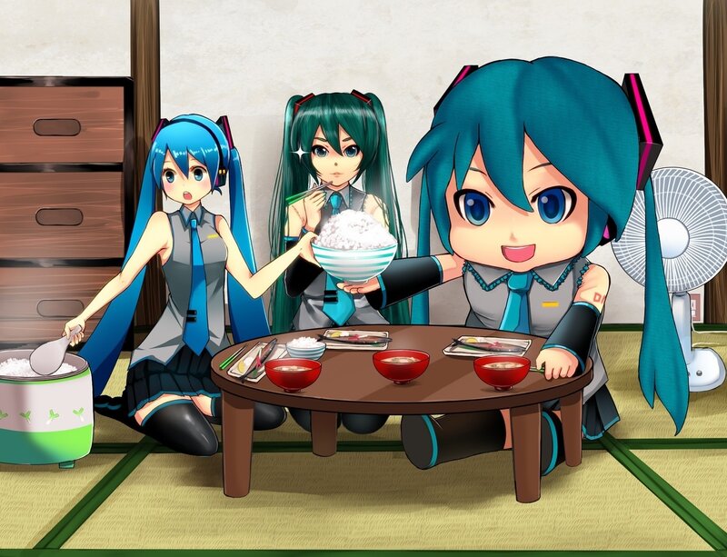 Miku characters eating together