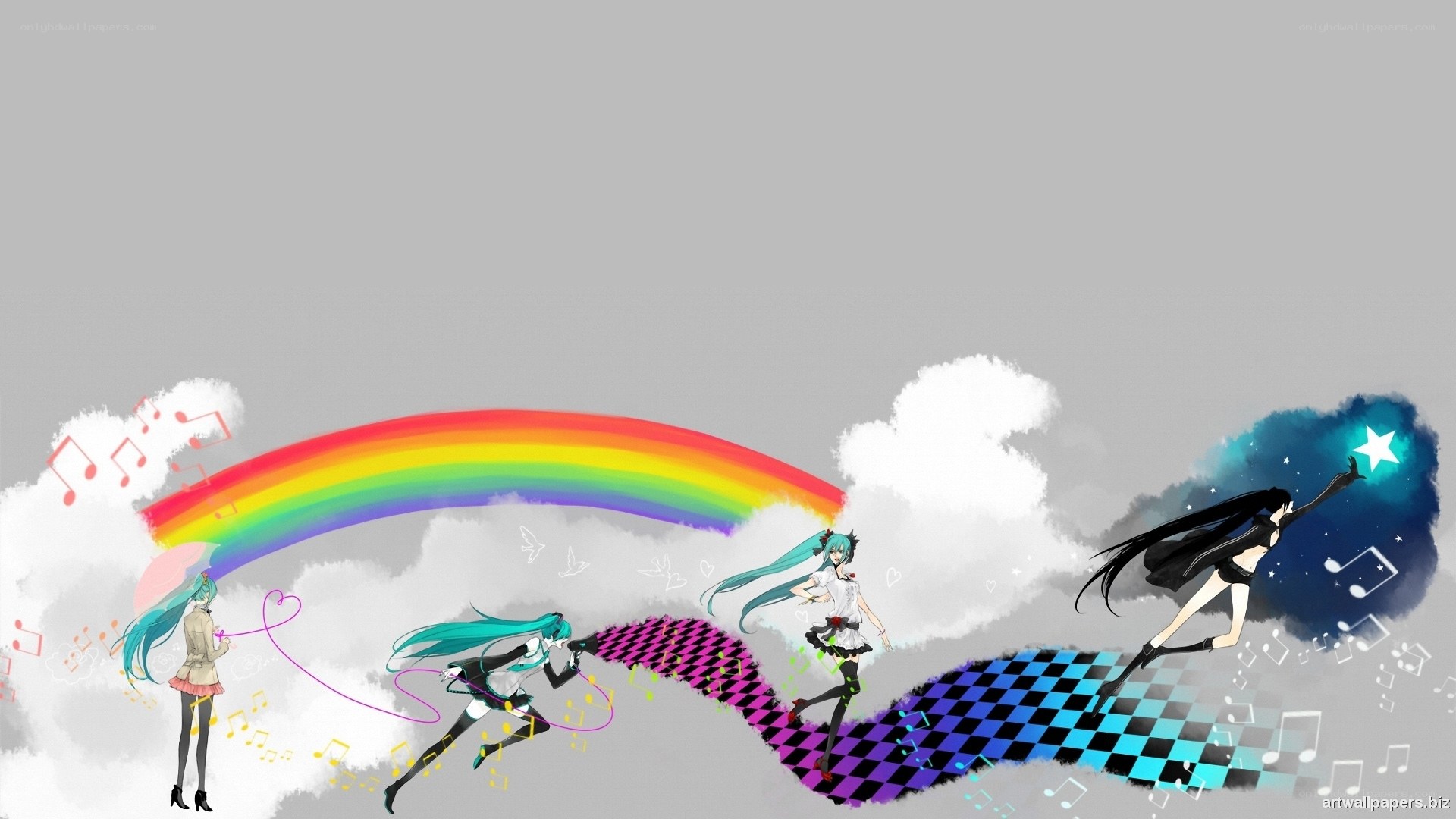 Miku characters with rainbow