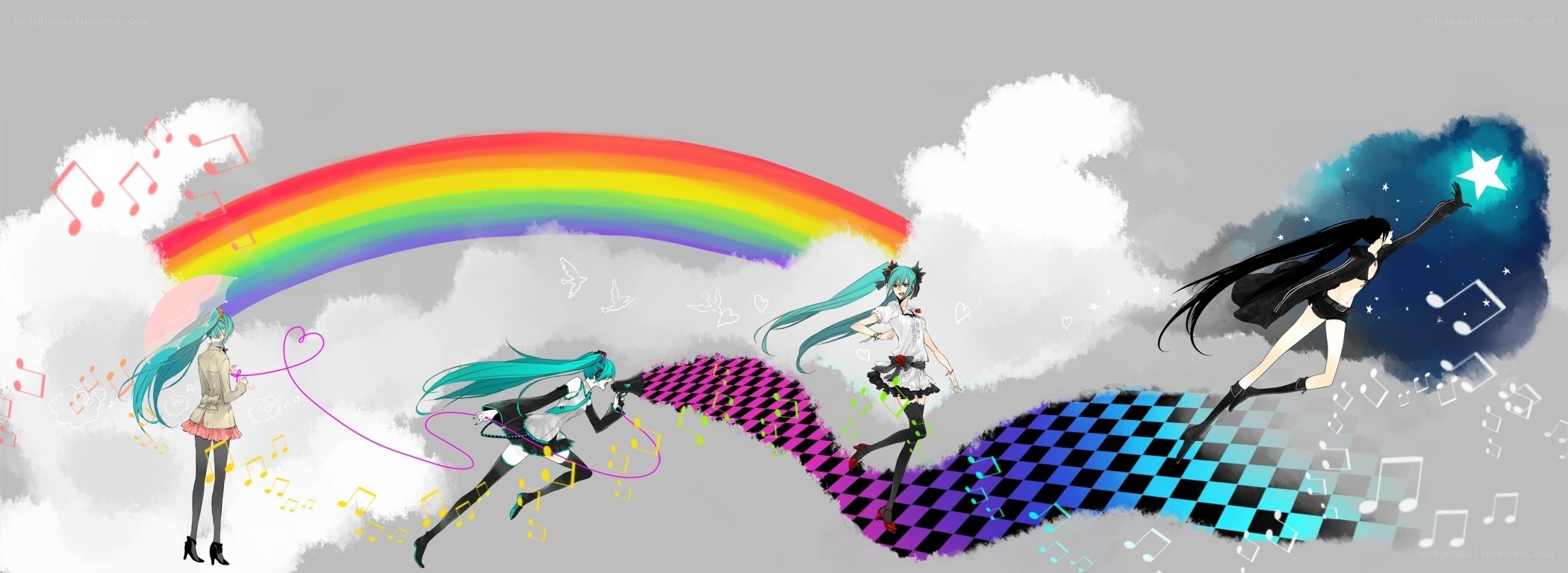Miku characters with rainbow