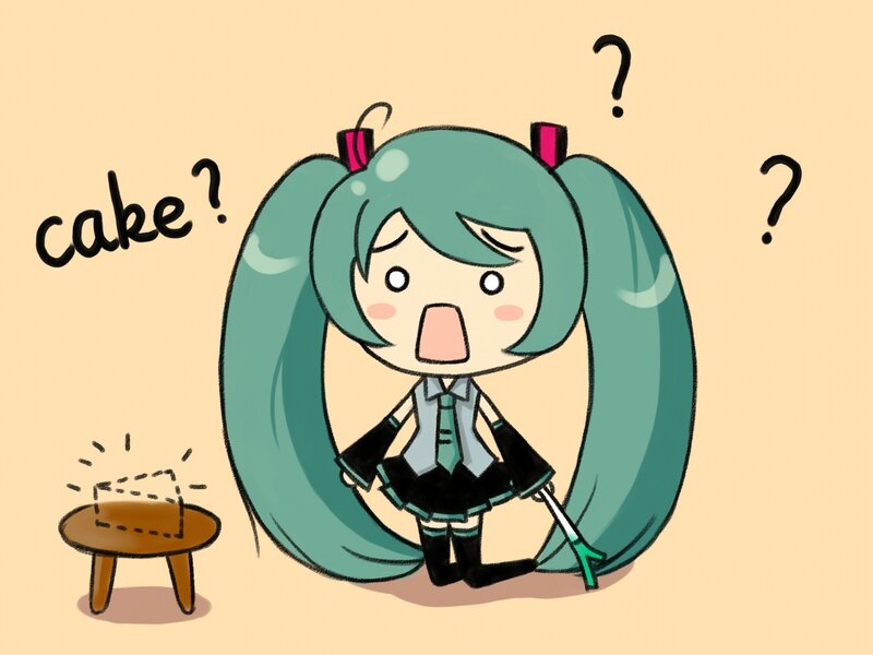 Miku confused by cake