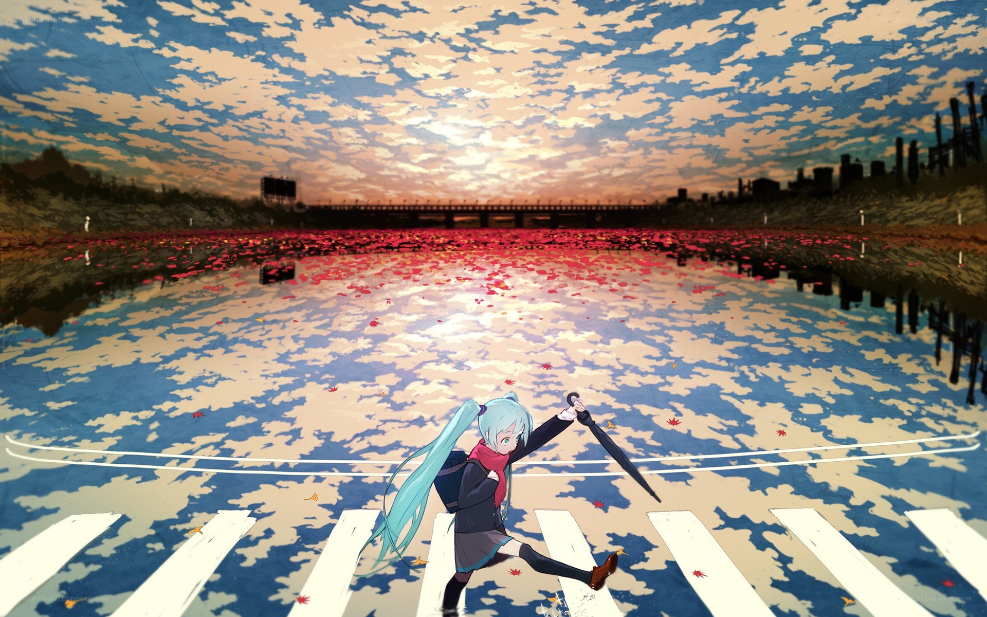 Miku crossing a flooded street