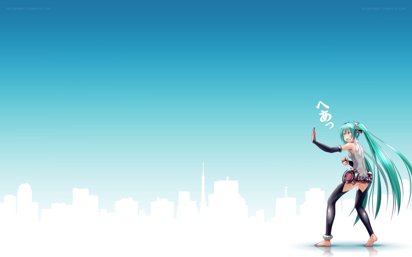 Miku dancing against city skyline