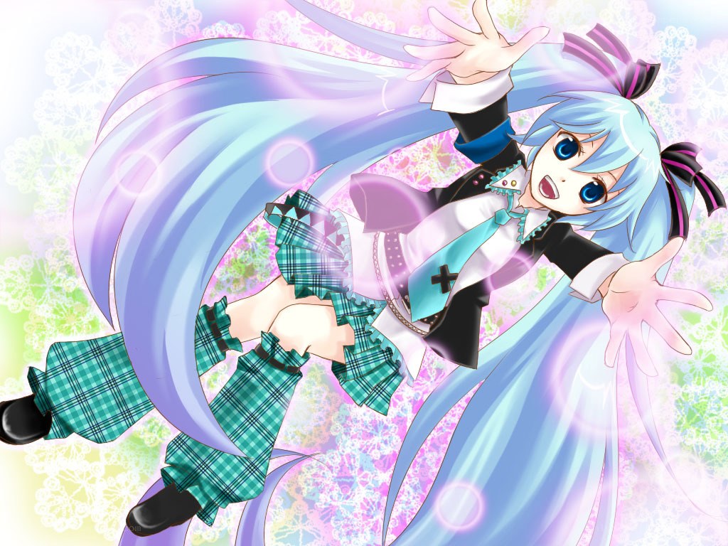 Miku dancing in a colorful scene