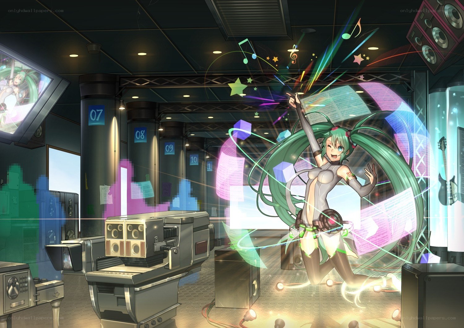 Miku dancing in a music studio