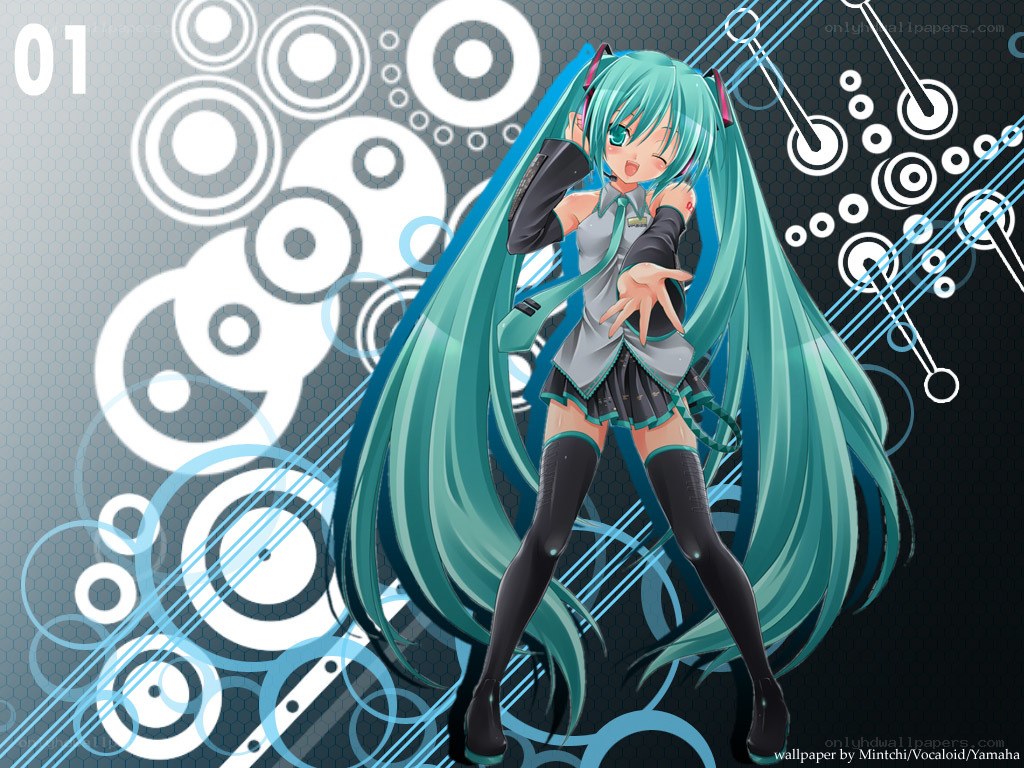 Miku dancing on a music background