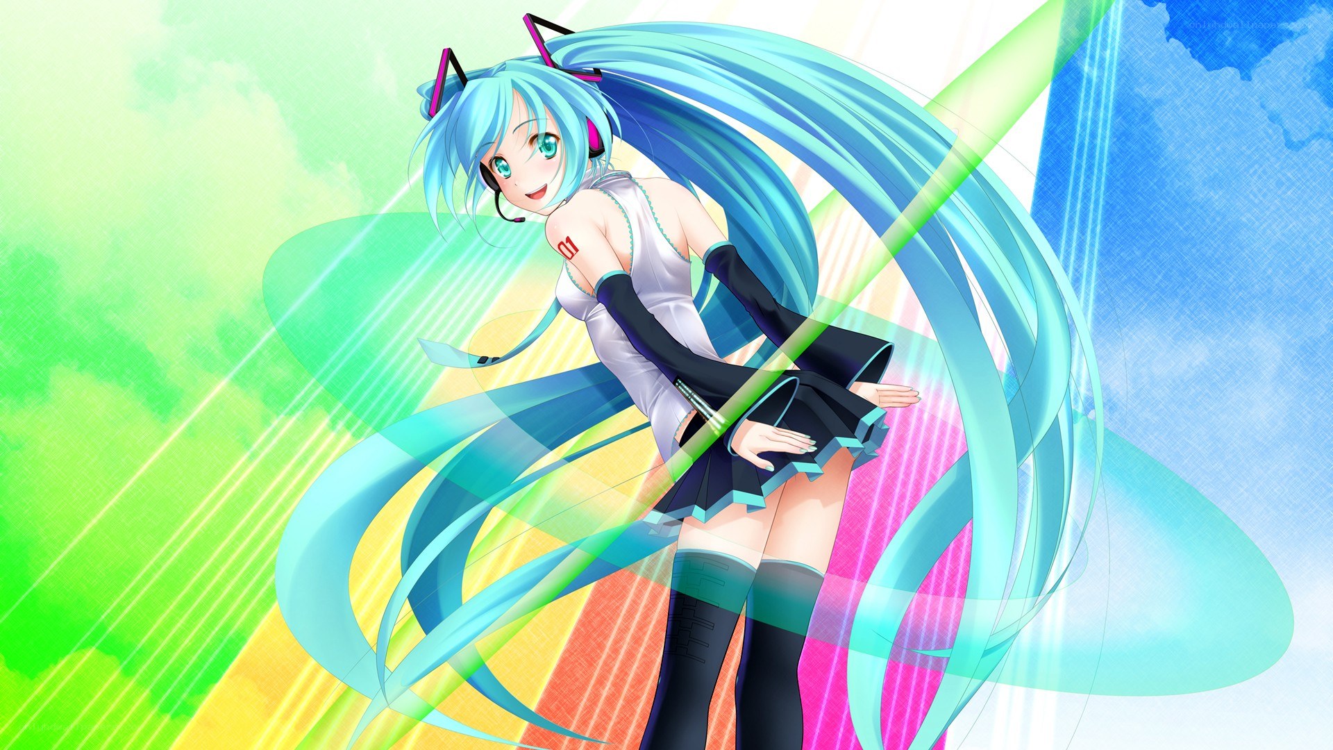 Miku dancing with colorful background