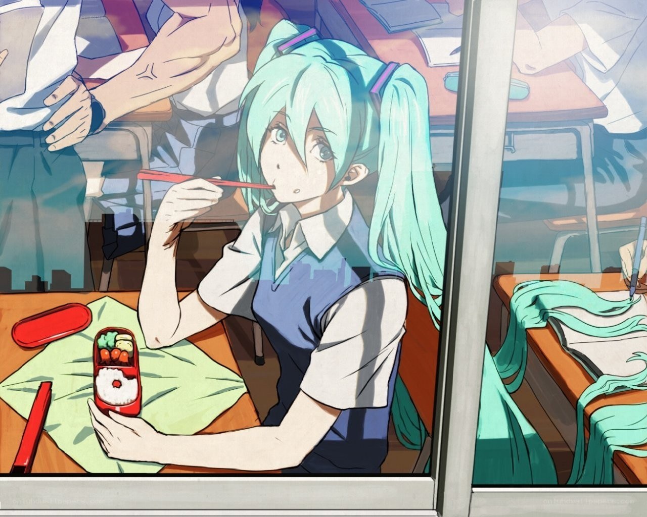 Miku eating lunch in classroom