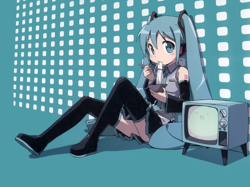 Miku eating noodles on floor