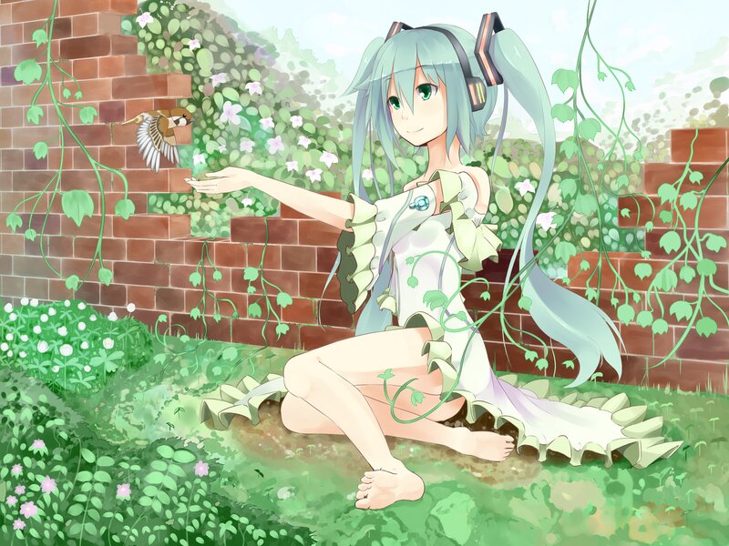 Miku feeding a bird