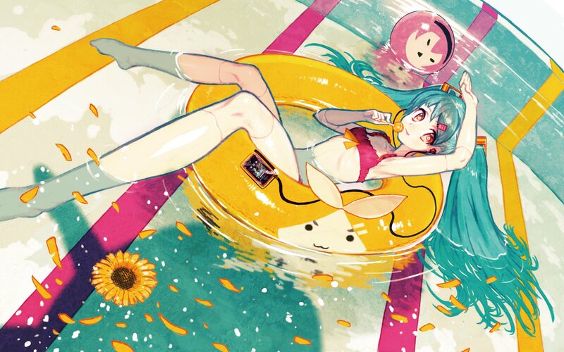 Miku floating in pool