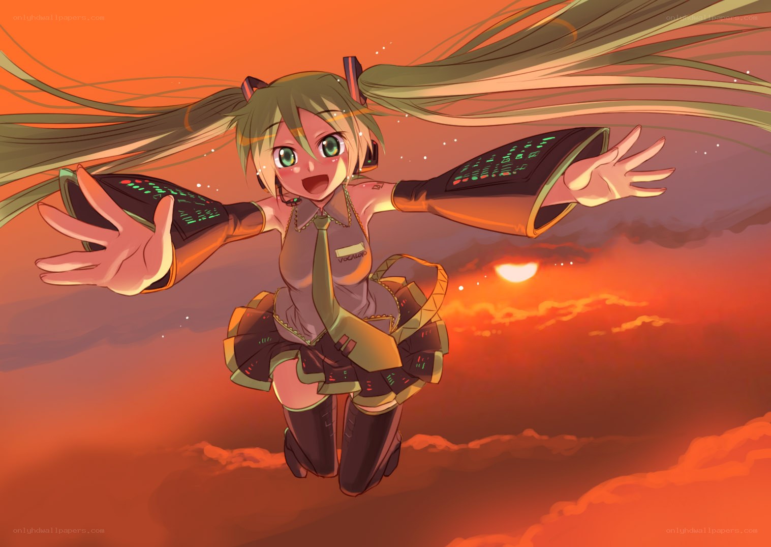 Miku flying at sunset