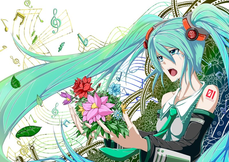 Miku holding flowers with music notes