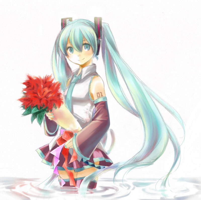 Miku holding red flowers