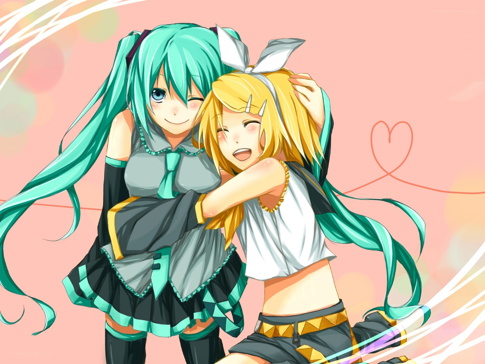 Miku hugging Rin happily