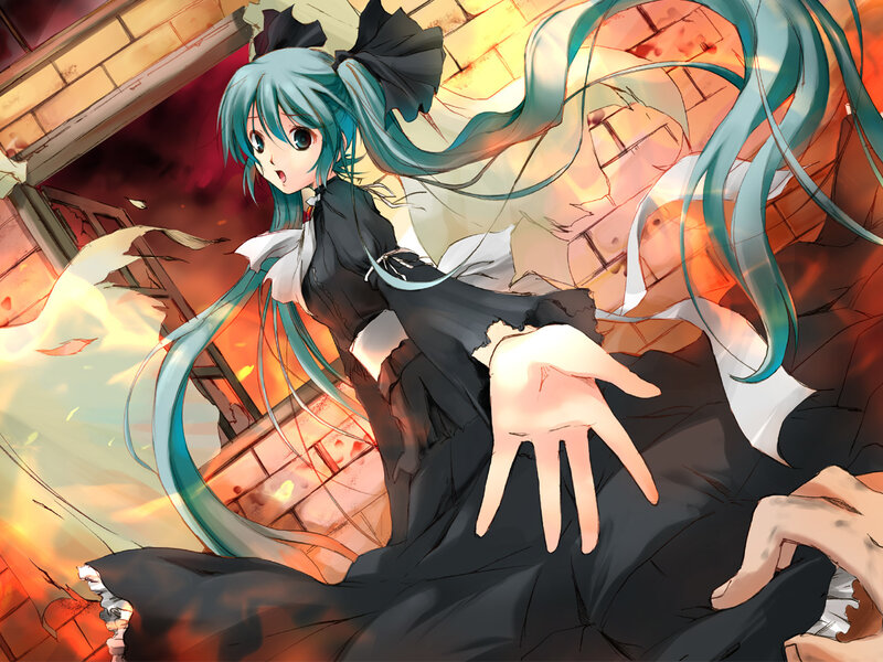 Miku in a burning building