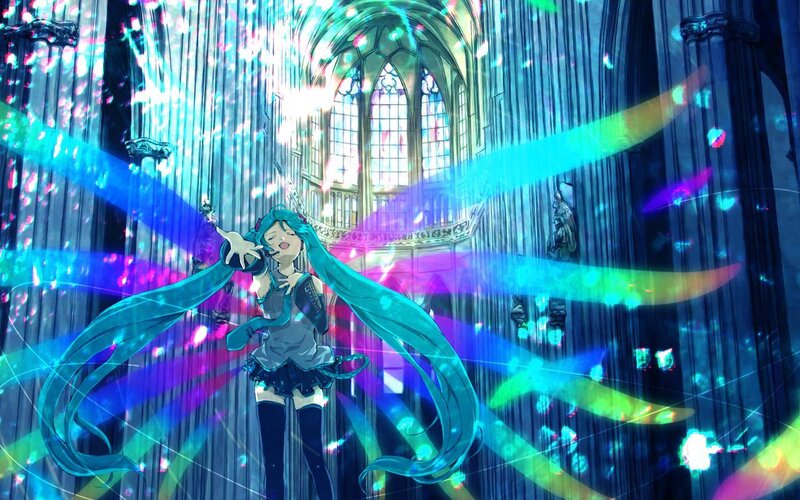 Miku in a cathedral with light beams