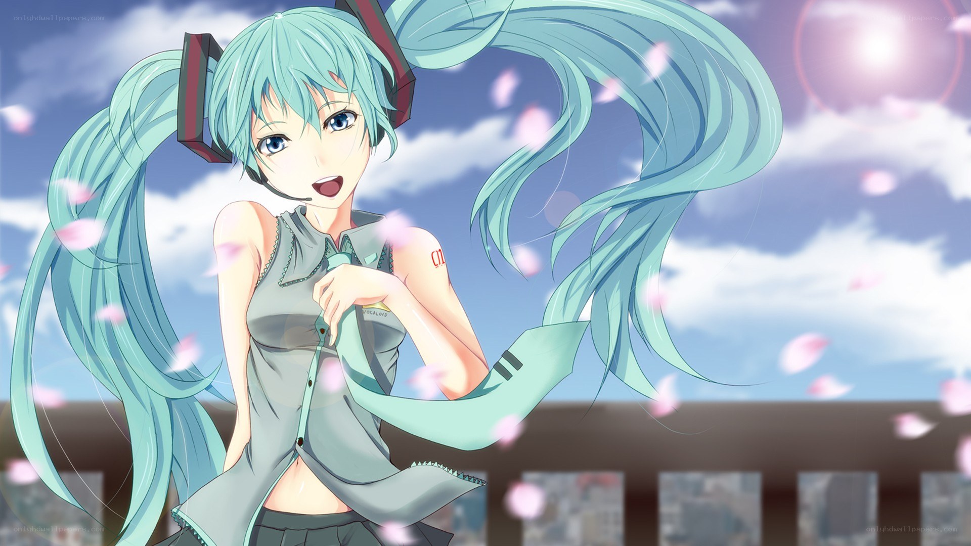 Miku in a cherry blossom breeze