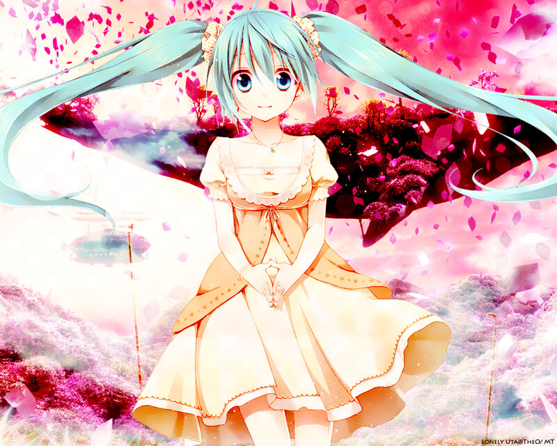 Miku in a cherry blossom field