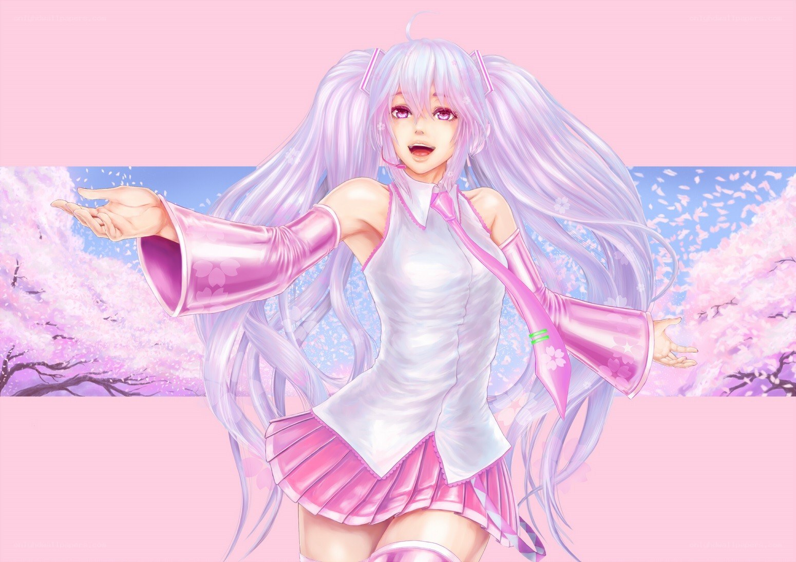 Miku in a cherry blossom field