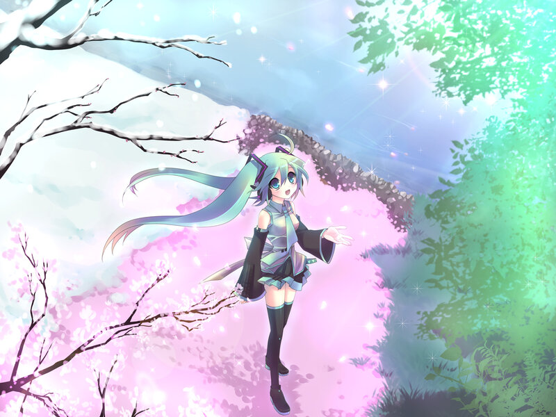 Miku in a cherry blossom garden