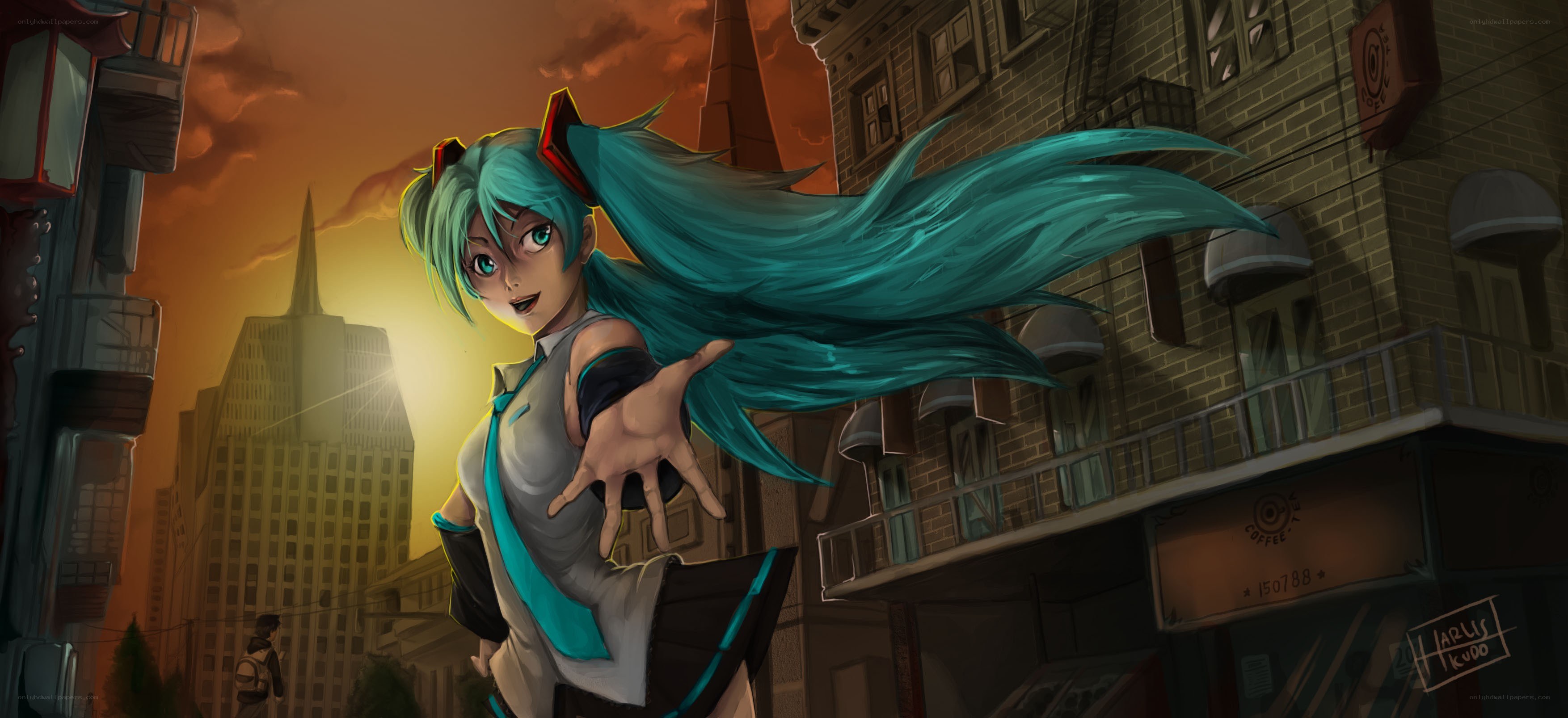 Miku in a city at sunset
