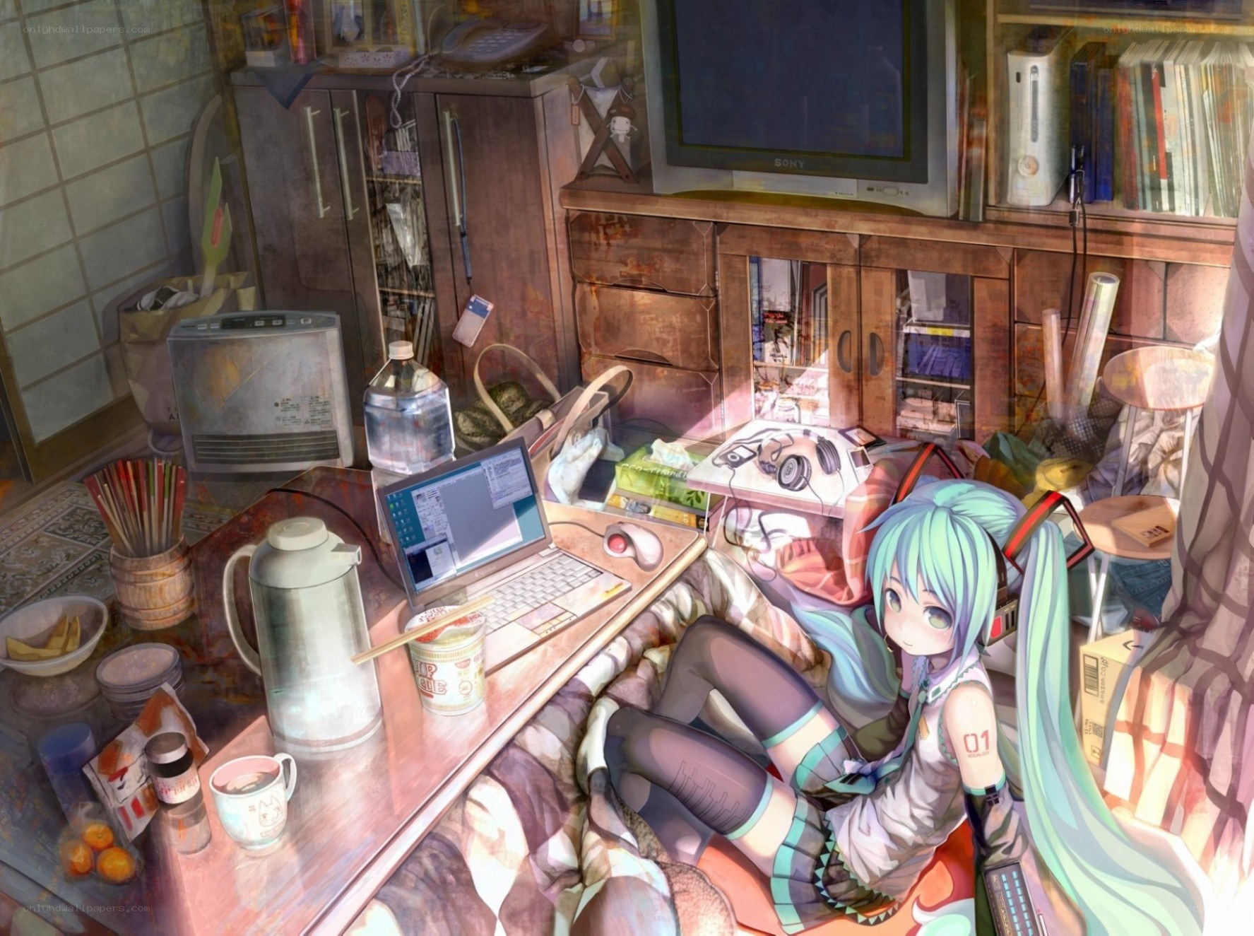 Miku in a cluttered room